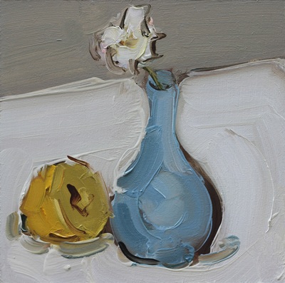 Still Life with Lemon and Vase - 20x20cm, Oil on Board, 2015, Martin Hill