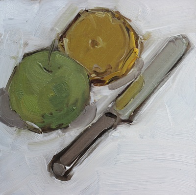 Apple and Lemon with Knife - 20x20cm, Oil on Board, 2015, Martin Hill