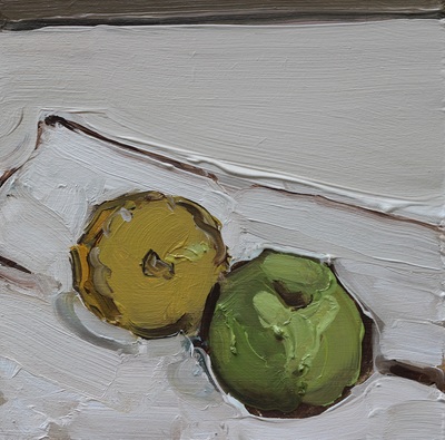 Apple and Half Lemon on Napkin - 20x20cm, Oil on Board, 2015, Martin Hill