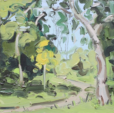 Woodland Pathway, Summer - 20x20cm, Oil on Board, 2015, Martin Hill