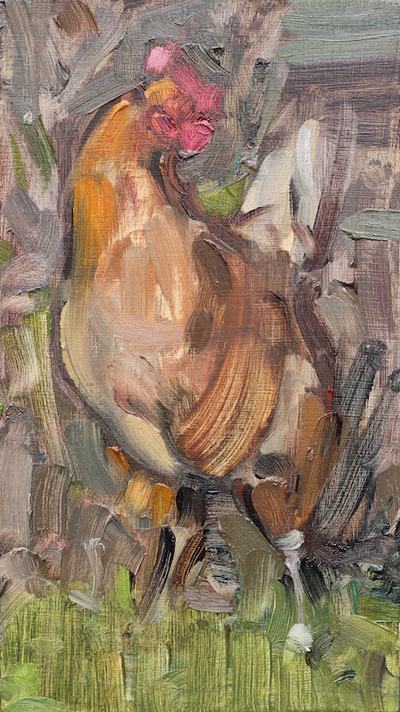 Brown Cockerel - 11.2x19.9cm, Oil on Board, 2016, Martin Hill