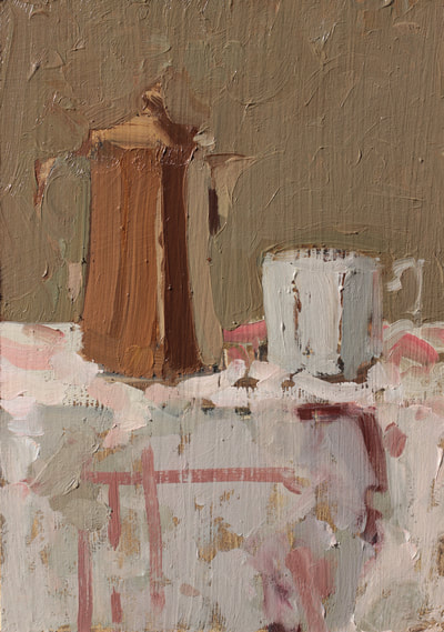 Coffee Pot and Cup - 14.7x20.9cm, Oil on Card, 2018, Martin Hill