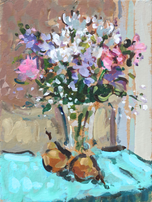 Flowers and Pears, 15.2x20.3cm, Acrylic on Card, Martin Hill