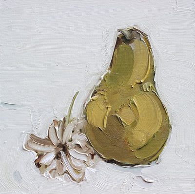 Flower and Pear - 20x20cm, Oil on Board, 2015, Martin Hill 