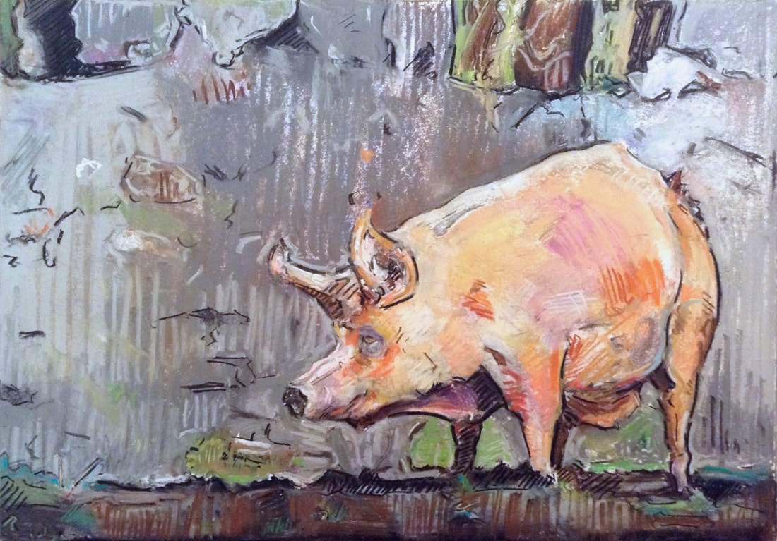 Pig I, Pastel on Paper, Martin Hill
