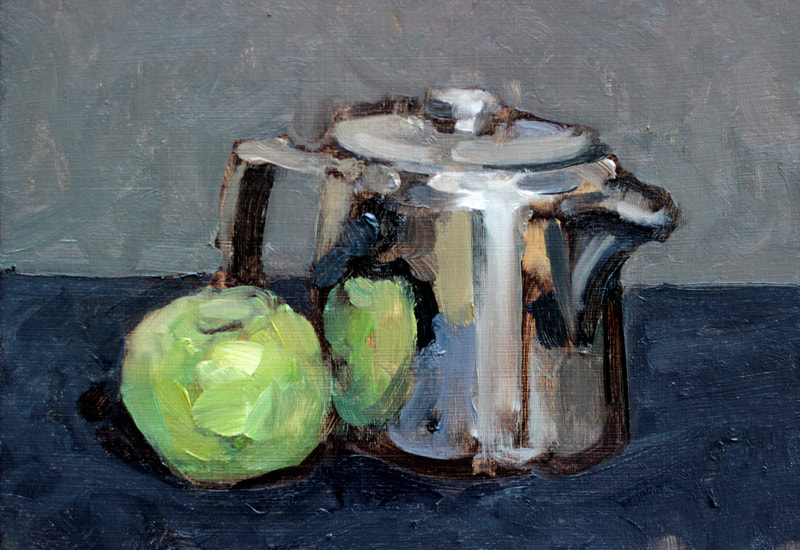 Silver Teapot and Apple - 15x21cm, Oil on Card, 2018, Martin Hill