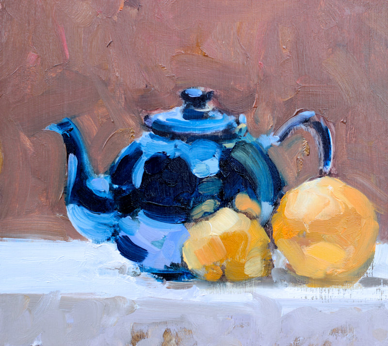 Still Life with Blue Teapot   - 18x19.9cm, Oil on Board, 2018, Martin Hill