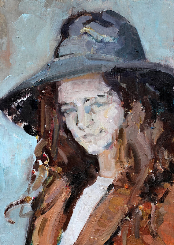 Young Woman with Hat - 15x21cm, Oil on Card,  Martin Hill